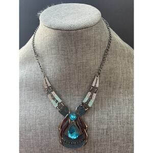 Vintage Lucite Teardrop Statement Necklace Aqua Chunky Gunmetal Southwestern 20”